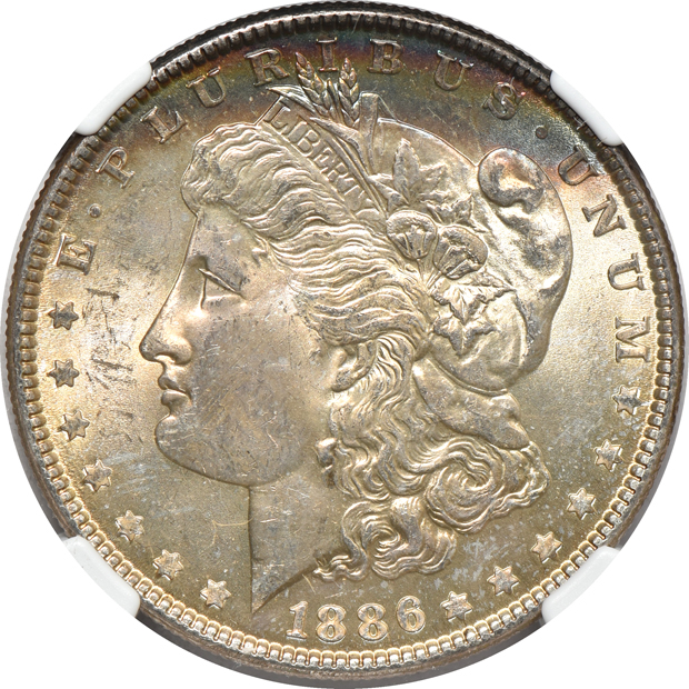 1879-S MS-64 CAC, plus four 1886 MS-64 (two CAC), all NGC