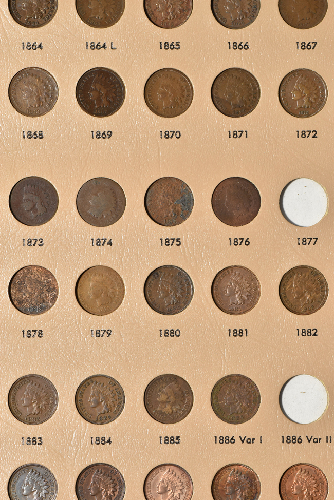 Three Flying Eagle cents, and fifty-three Indian Head cents, in a Dansco 7101 album