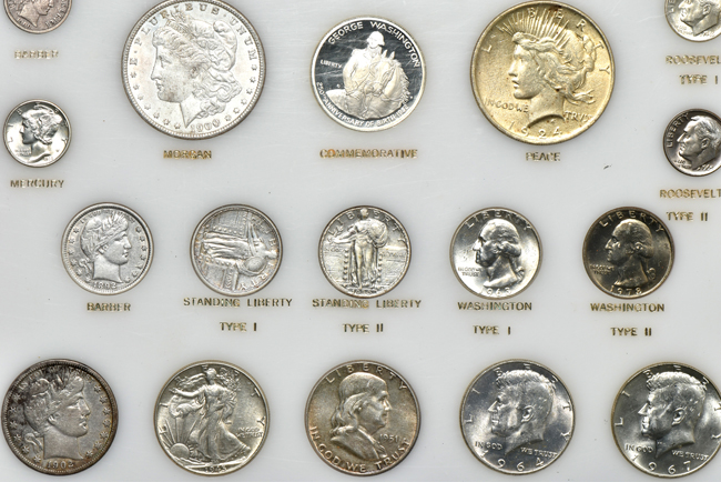 Twenty-seven United States 20th century type coins in a Capital Plastics holder