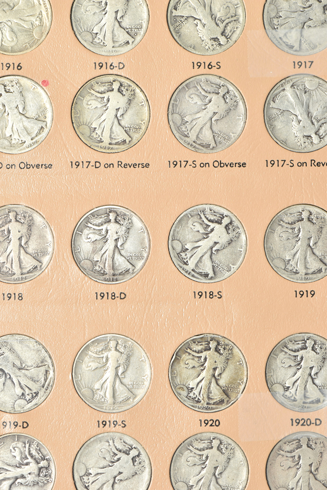 Complete collection of Walking Liberty half-dollars in a Dansco 7160 album