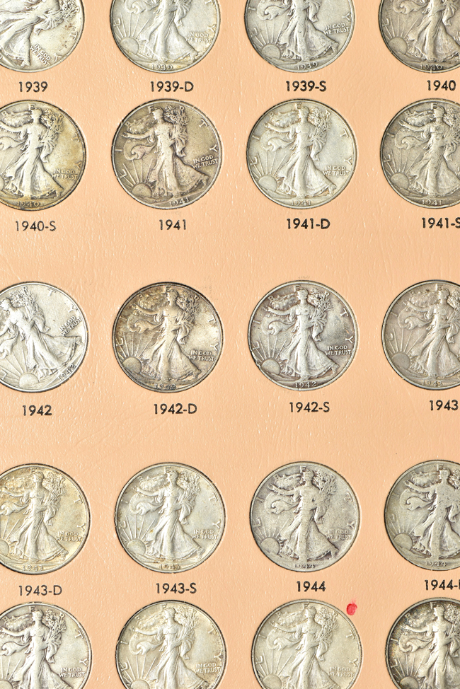 Complete collection of Walking Liberty half-dollars in a Dansco 7160 album