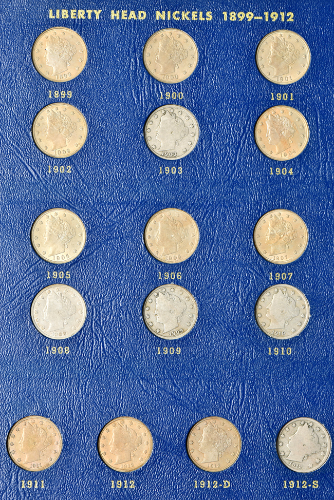 Group of thirty-two different Liberty nickels in a Whitman 9407 album