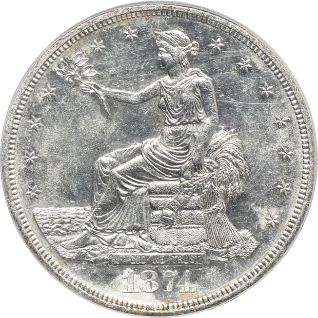 1874-S Trade UNC details/cleaned, and an 1876 Trade Genuine, both PCGS