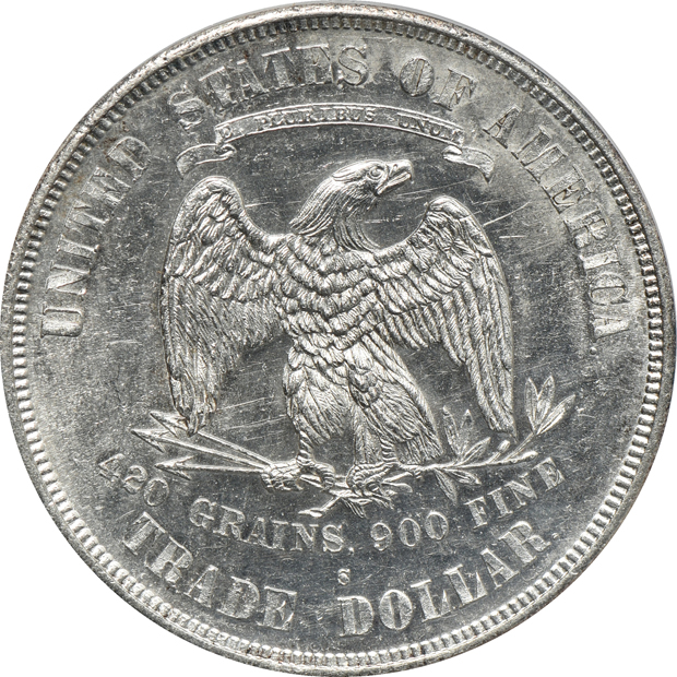 1874-S Trade UNC details/cleaned, and an 1876 Trade Genuine, both PCGS
