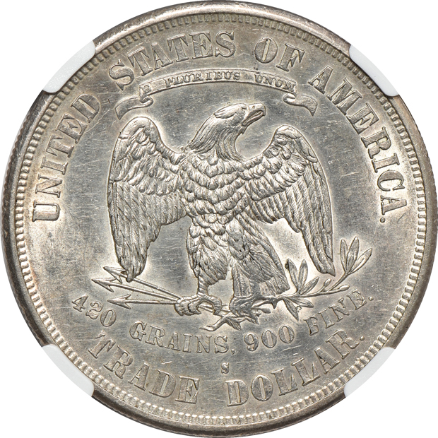 1874-S and 1878-S Trade, both NGC UNC details/cleaned