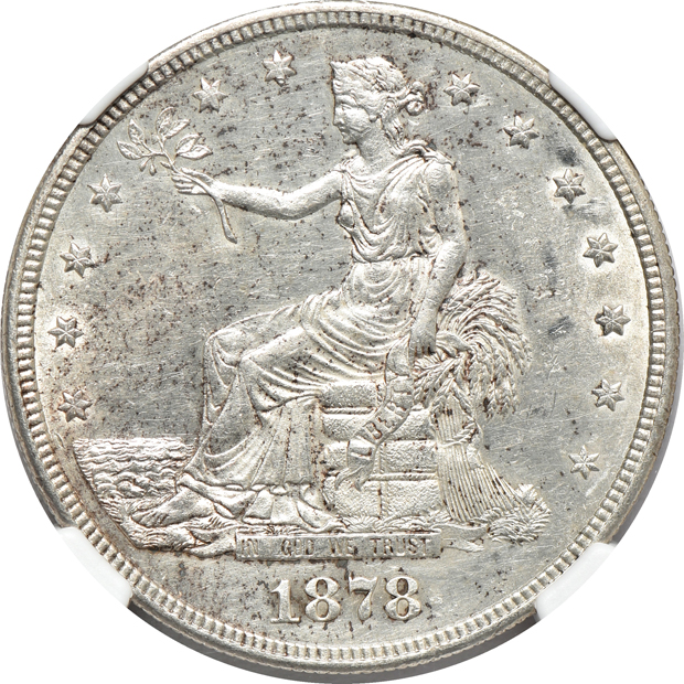 1874-S and 1878-S Trade, both NGC UNC details/cleaned