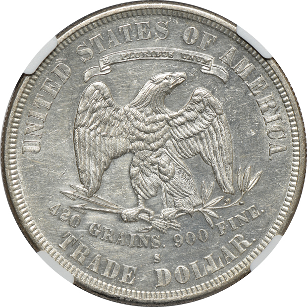 1874-S and 1878-S Trade, both NGC UNC details/cleaned
