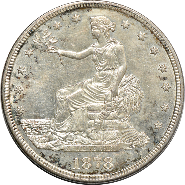 1875-CC and 1878-S Trade, both UNC details, as described