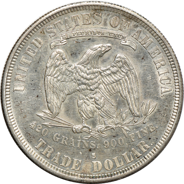 1875-CC and 1878-S Trade, both UNC details, as described