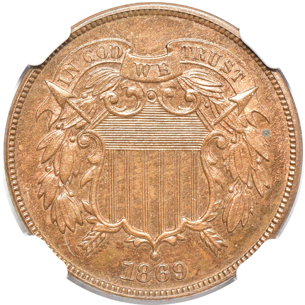 1869 two-cent piece PF-63 BN, and a 1912 Barber dime PF-61 CAC, both NGC