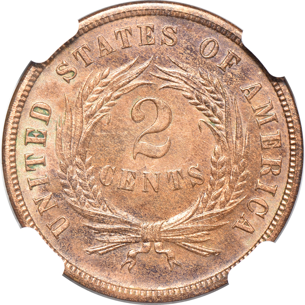 1869 two-cent piece PF-63 BN, and a 1912 Barber dime PF-61 CAC, both NGC