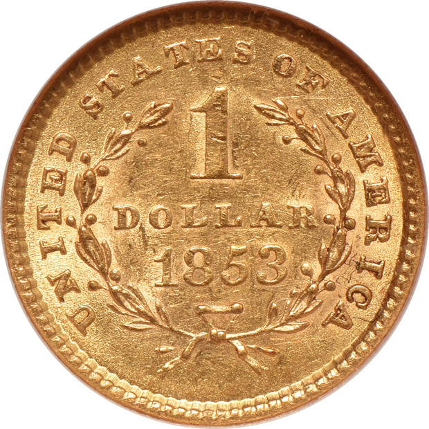 1853 MS-60 (no line) CAC, and an 1854 Type 2 AU-58, both NGC