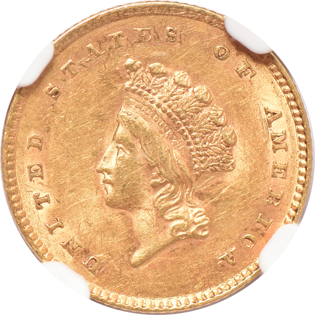1853 MS-60 (no line) CAC, and an 1854 Type 2 AU-58, both NGC