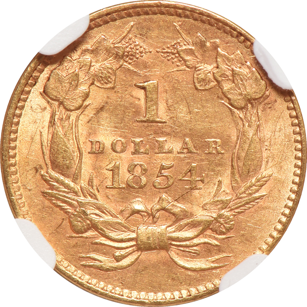 1853 MS-60 (no line) CAC, and an 1854 Type 2 AU-58, both NGC