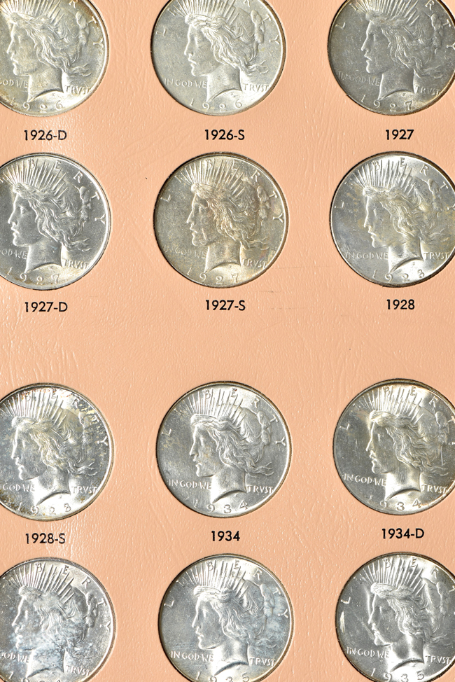 Complete collection of Peace silver dollars in a Dansco 7175 album