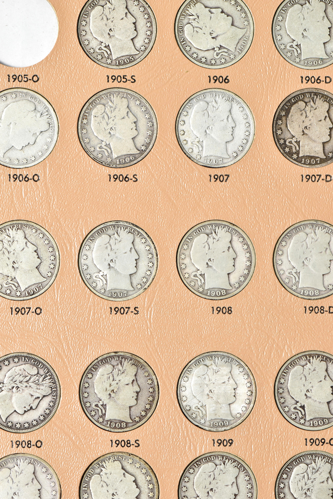 Collection of sixty-two different Barber half-dollars in a Dansco 7150 album