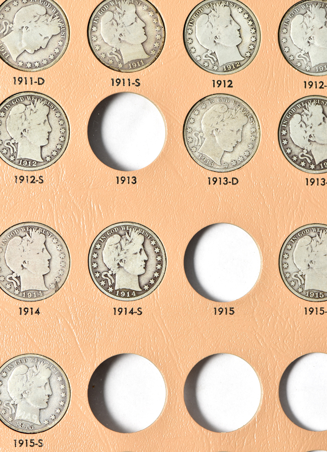 Collection of sixty-two different Barber half-dollars in a Dansco 7150 album