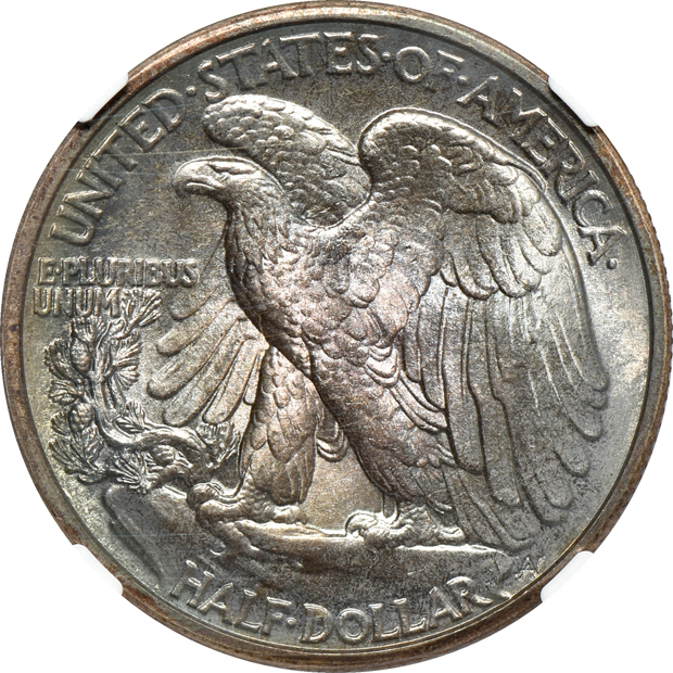 Three Walking Liberty half-dollars and an 1878-S Morgan silver dollar, all certified and toned