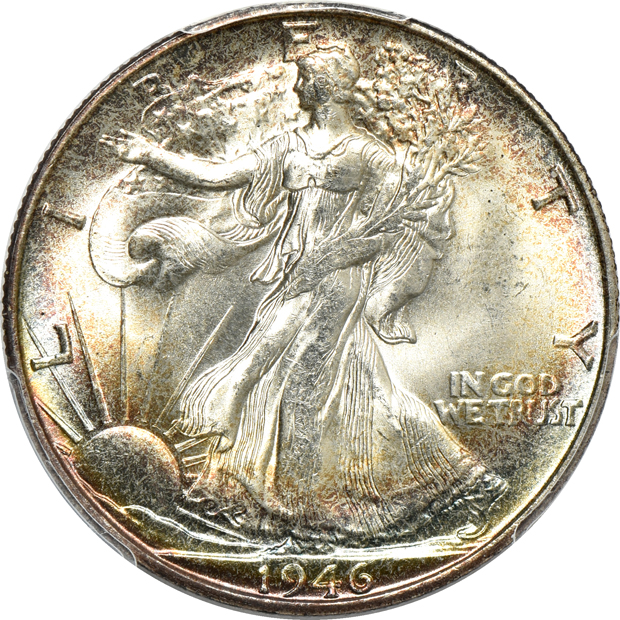 Three Walking Liberty half-dollars and an 1878-S Morgan silver dollar, all certified and toned