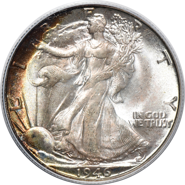 Three Walking Liberty half-dollars and an 1878-S Morgan silver dollar, all certified and toned