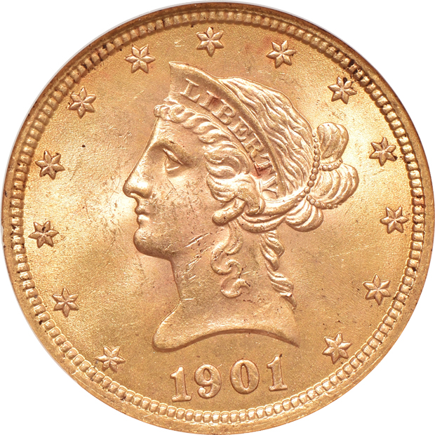 1901 NGC MS-64 (no line) and a 1901-S PCGS MS-63 (rattler)