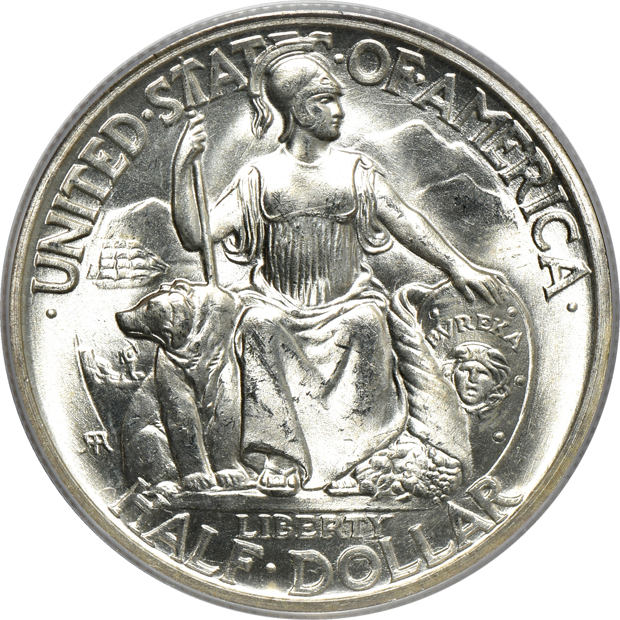 Four Silver Commemorative Half-Dollars in old PCGS rattler or green label holders, three Green CAC and one Gold CAC