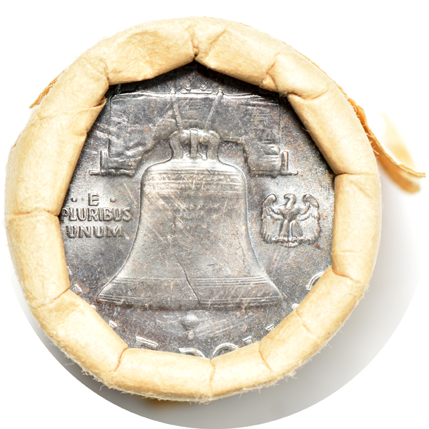Seven bank wrapped rolls of 1963 Franklin half-dollars