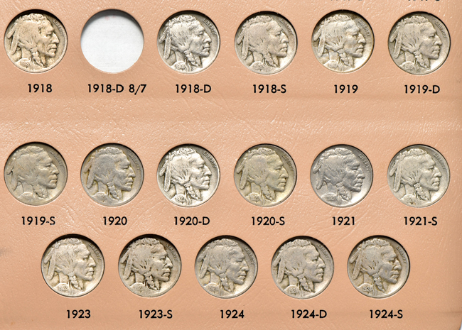 Collection of sixty-four different Buffalo nickels in a Dansco 7112 album