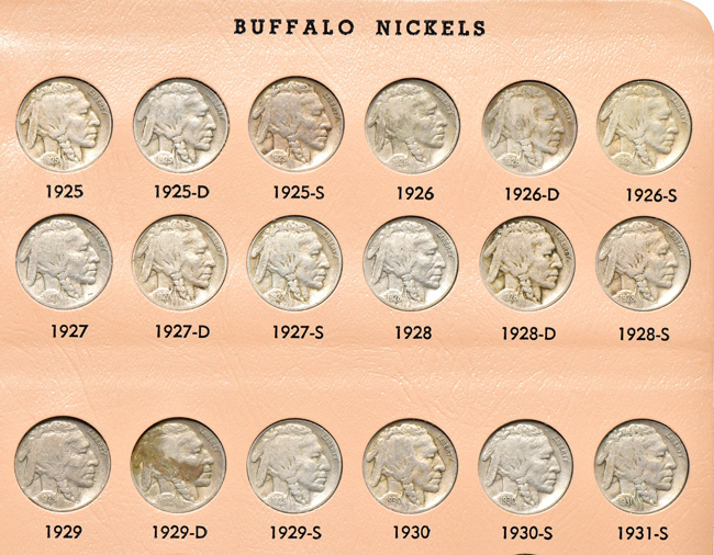 Collection of sixty-four different Buffalo nickels in a Dansco 7112 album