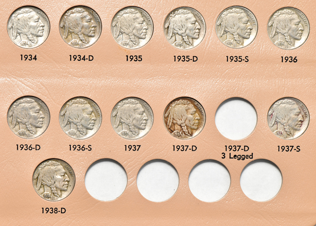 Collection of sixty-four different Buffalo nickels in a Dansco 7112 album