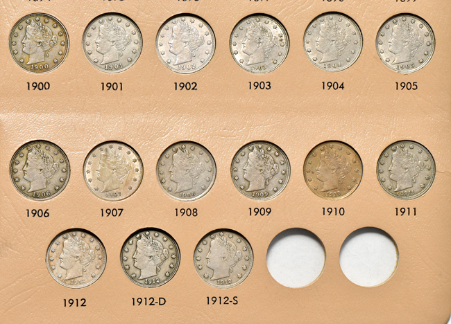 Collection of thirty-two Liberty Head nickels in a Dansco 7111 album