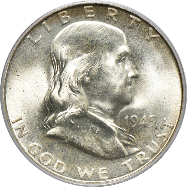 1949-D PCGS MS-65FBL (green label), 1949-S MS-66FBL, and a 1950 MS-66FBL, all PCGS