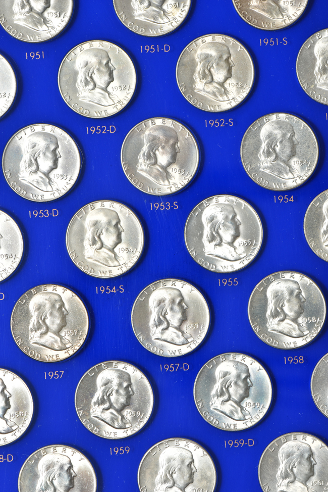 Complete collection of BU Franklin half-dollars in a Capital Plastics holder