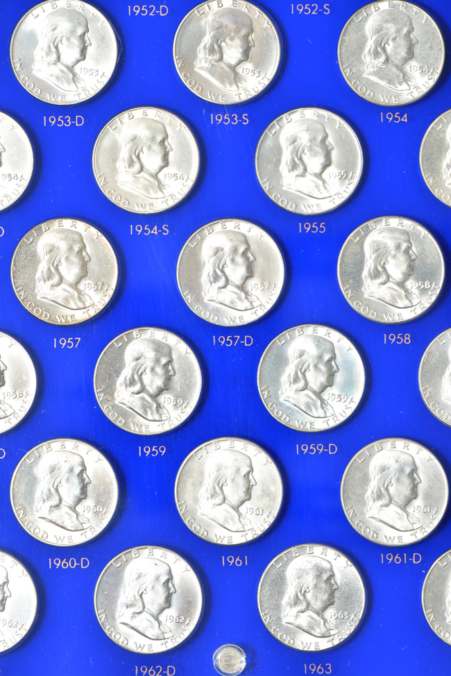 Complete collection of BU Franklin half-dollars in a Capital Plastics holder