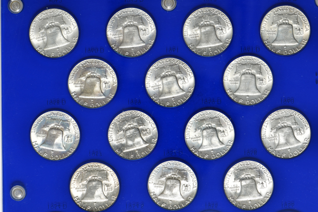 Complete collection of BU Franklin half-dollars in a Capital Plastics holder
