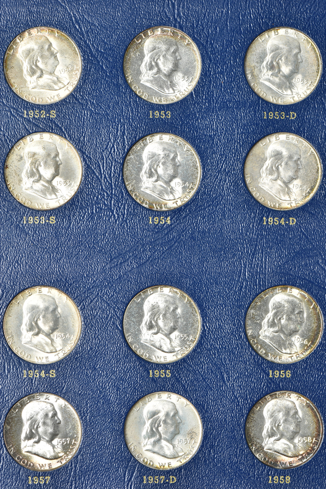 Three complete collections of Franklin half dollars in three Whitman 9425 albums