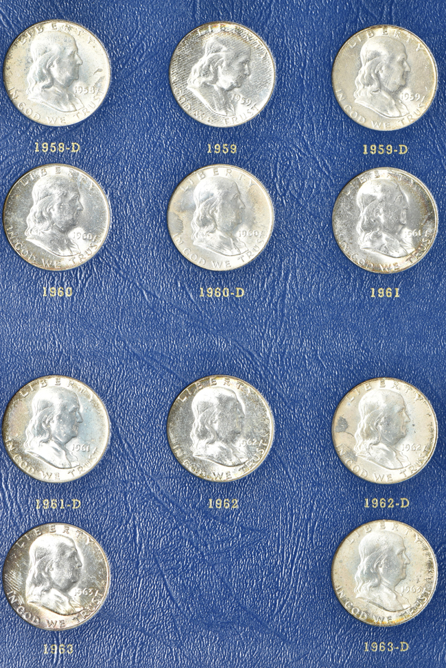 Three complete collections of Franklin half dollars in three Whitman 9425 albums