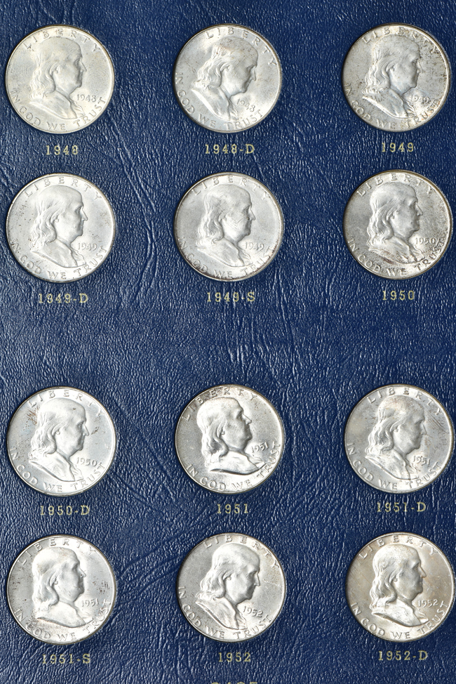 Three complete collections of Franklin half dollars in three Whitman 9425 albums