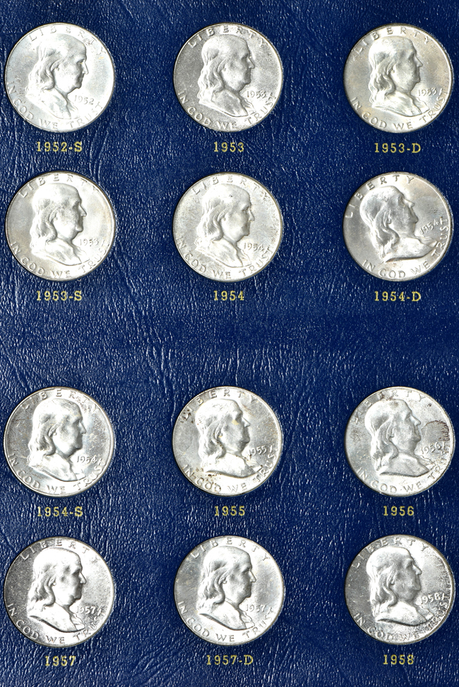 Three complete collections of Franklin half dollars in three Whitman 9425 albums