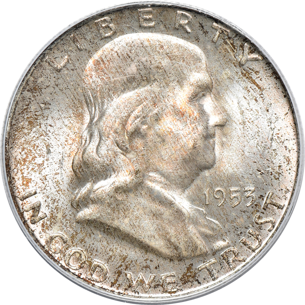 Five Franklin half-dollars, all PCGS CAC