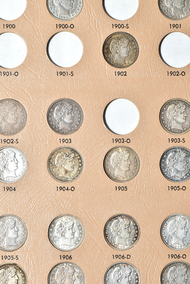 Forty-one different Barber quarters in a Dansco 7130 album