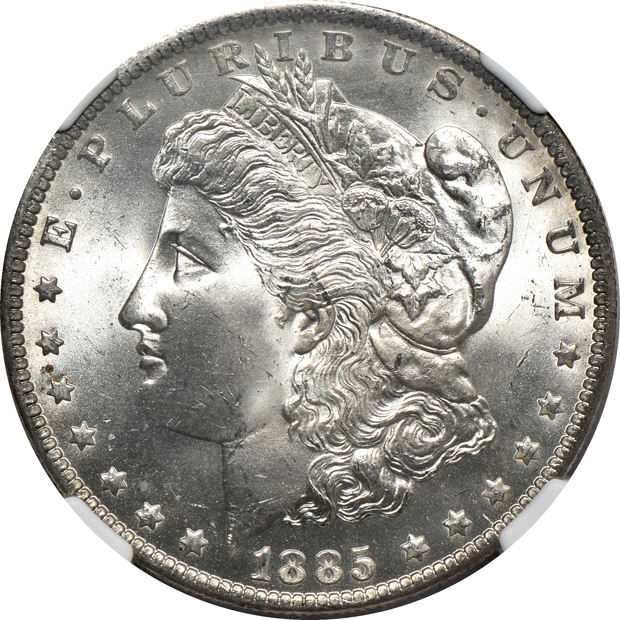 Six coin Morgan silver dollar grading set, MS-63 through MS-66, including MS-64+ and MS-65+, all NGC CAC
