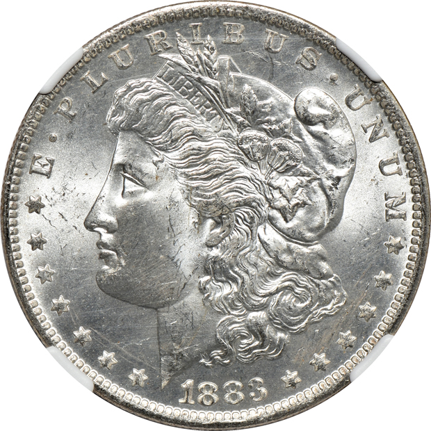 Six coin Morgan silver dollar grading set, MS-63 through MS-66, including MS-64+ and MS-65+, all NGC CAC