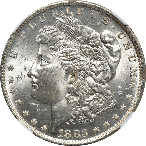 Six coin Morgan silver dollar grading set, MS-63 through MS-66, including MS-64+ and MS-65+, all NGC CAC