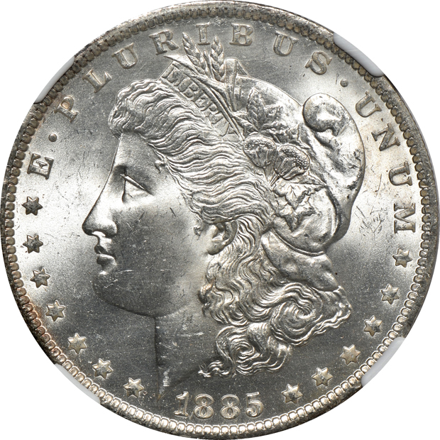Six coin Morgan silver dollar grading set, MS-63 through MS-66, including MS-64+ and MS-65+, all NGC CAC