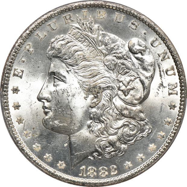 1882-CC MS-63, 1882-S MS-65PL CAC, and an 1890 MS-64, all PCGS