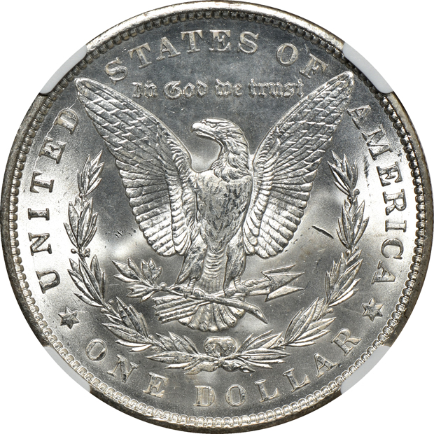 Five NGC certified Morgan silver dollars, all CAC