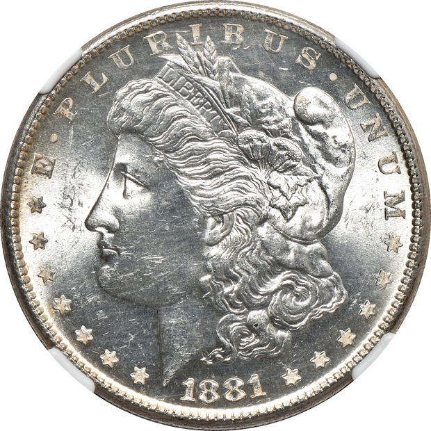 Five NGC certified Morgan silver dollars, all CAC