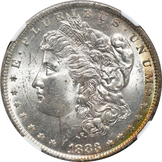 Five NGC certified Morgan silver dollars, all CAC