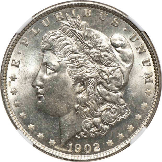 Five NGC certified Morgan silver dollars, all CAC